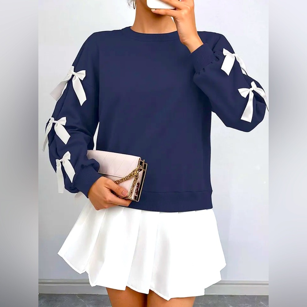 NEW Long Sleeve Navy Crewneck Pullover Sweatshirt Navy with White Bow Accents
